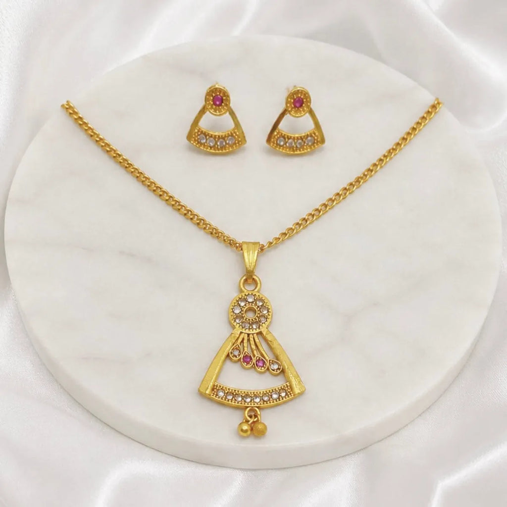 Gold Micro Plated Copper Ad Ruby Geometric Pendant Necklace Set