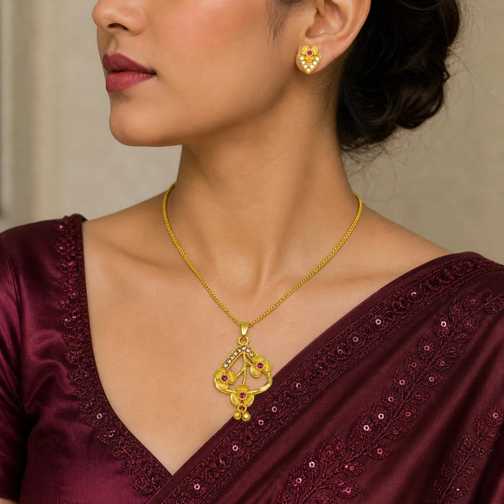 Gold Micro Plated Ad Ruby Floral Pendant Necklace Set For Women
