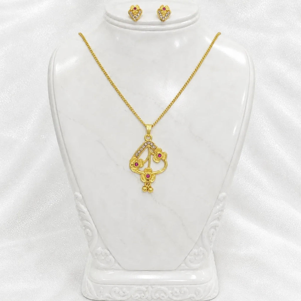 Gold Micro Plated Ad Ruby Floral Pendant Necklace Set For Women