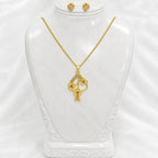 Gold Micro Plated Ad Ruby Floral Pendant Necklace Set For Women