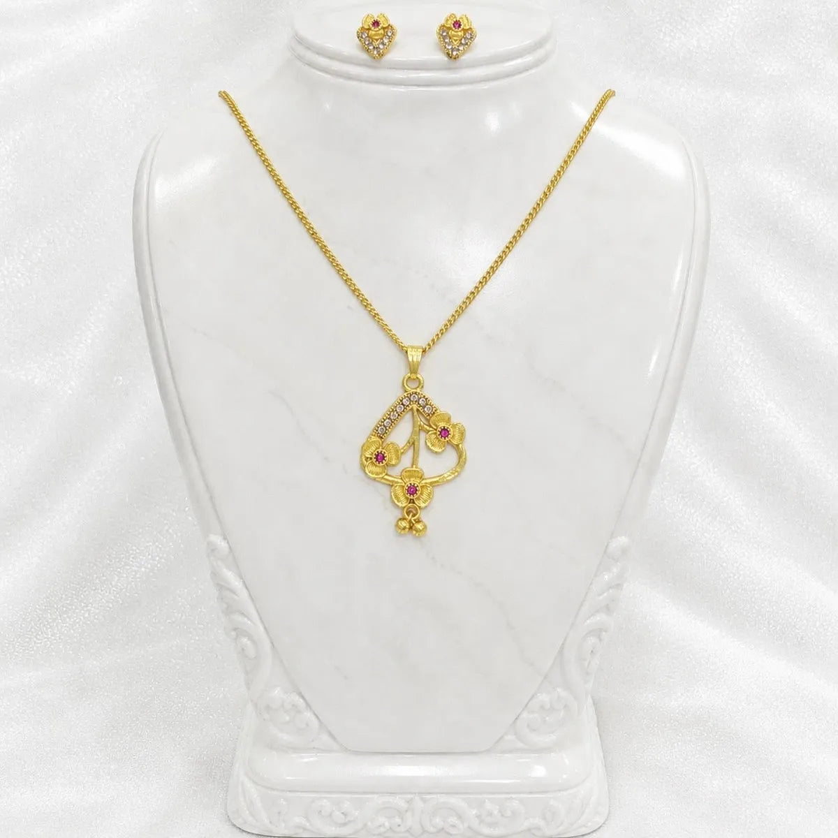 Gold Micro Plated Ad Ruby Floral Pendant Necklace Set For Women