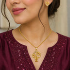 Gold Micro Plated Ad Ruby Floral Pendant Necklace Set For Women