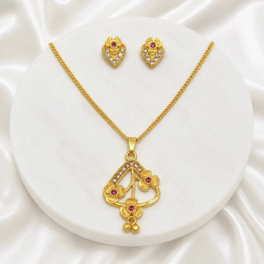 Gold Micro Plated Ad Ruby Floral Pendant Necklace Set For Women