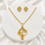 Gold Micro Plated Ad Ruby Floral Pendant Necklace Set For Women