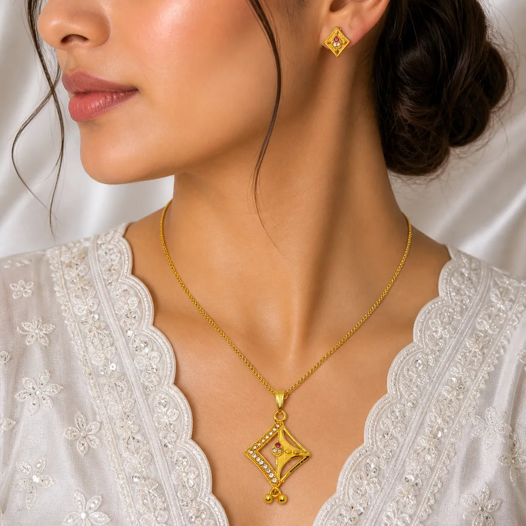 Red Gold Micro Plated Ad Ruby Geometric Pendant Necklace Set