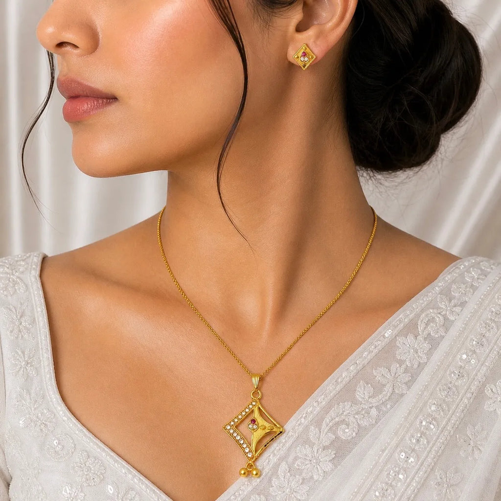Red Gold Micro Plated Ad Ruby Geometric Pendant Necklace Set