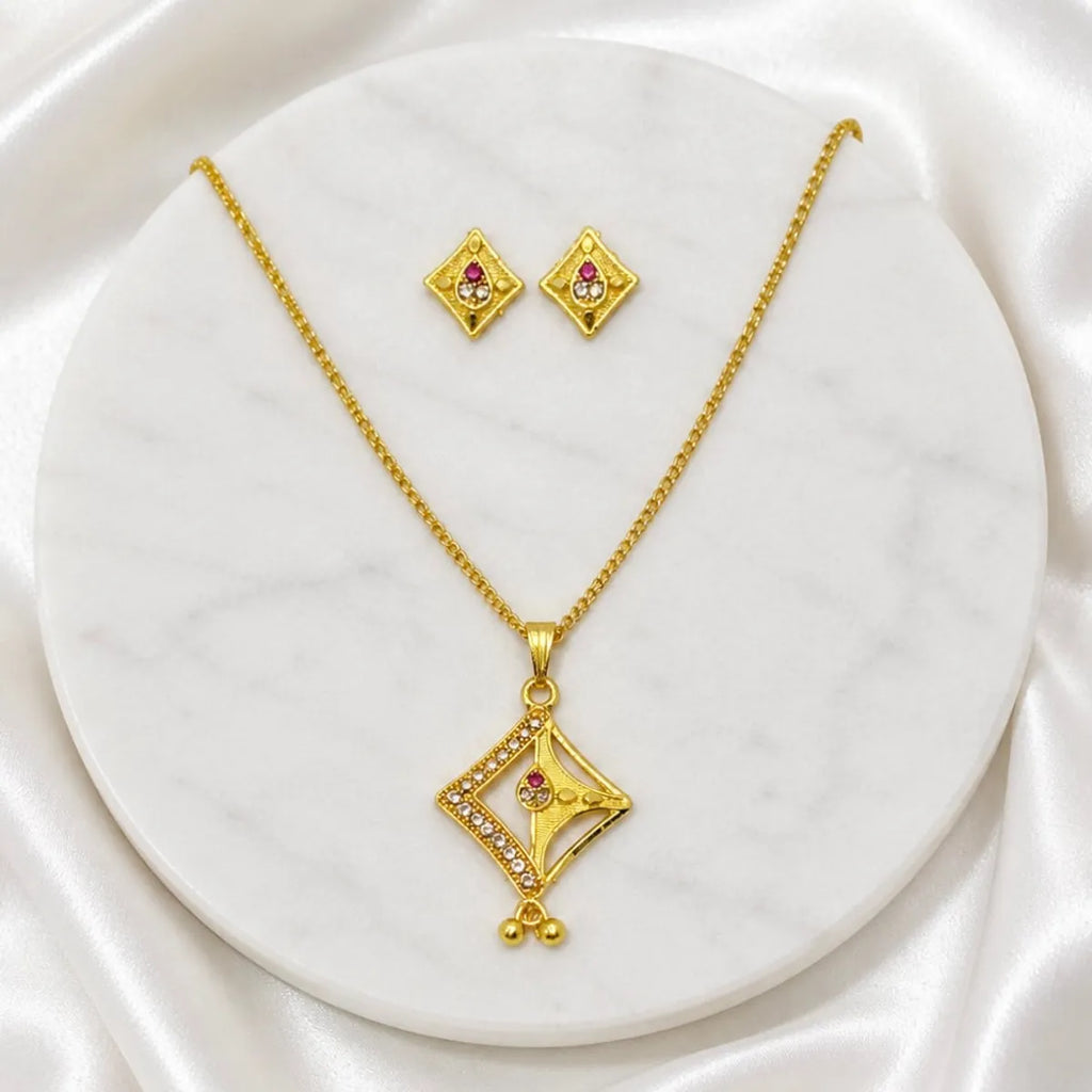 Red Gold Micro Plated Ad Ruby Geometric Pendant Necklace Set