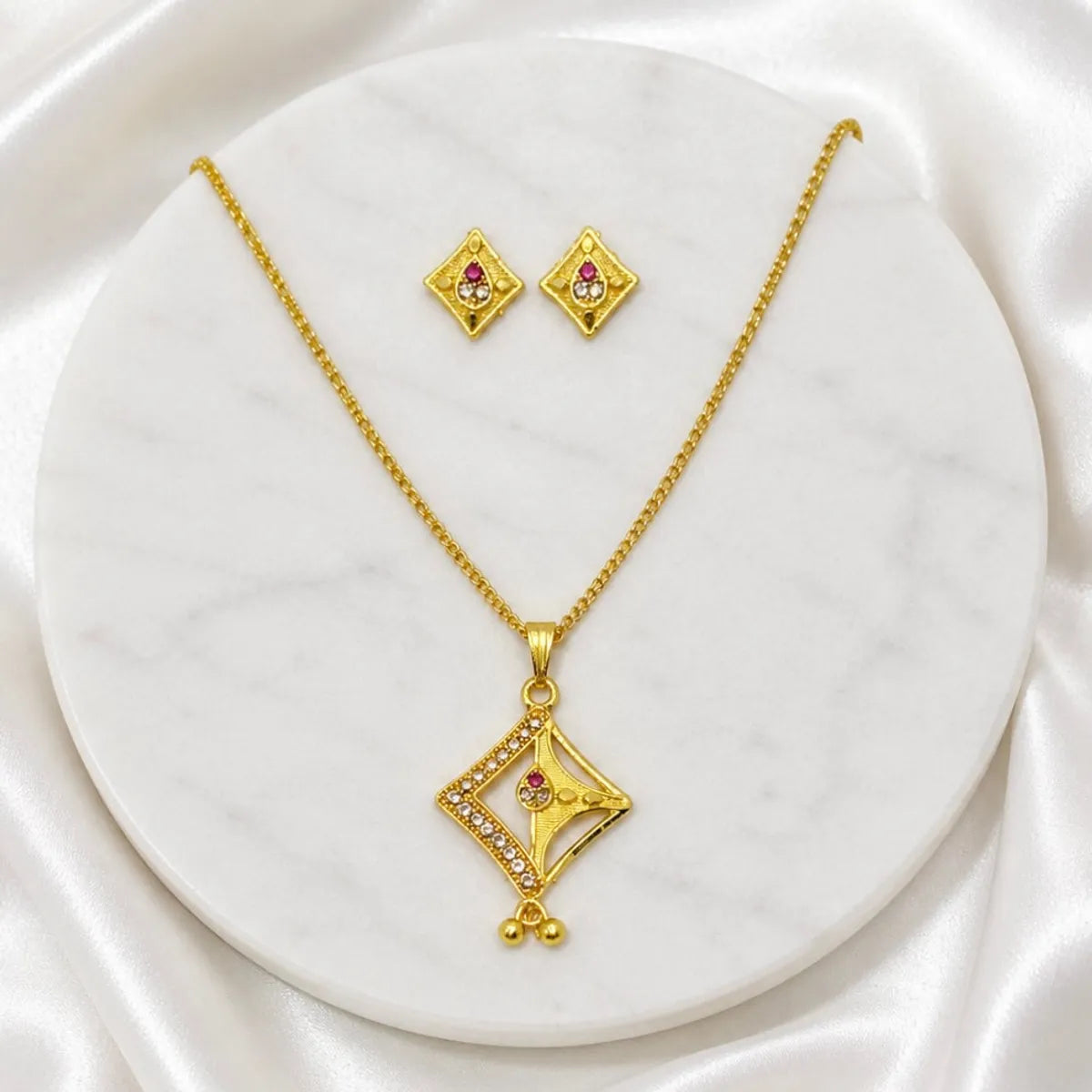 Red Gold Micro Plated Ad Ruby Geometric Pendant Necklace Set