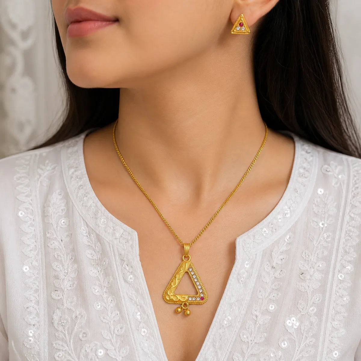 Gold Micro Plated Triangle Ad Ruby Pendant Necklace Set For Women