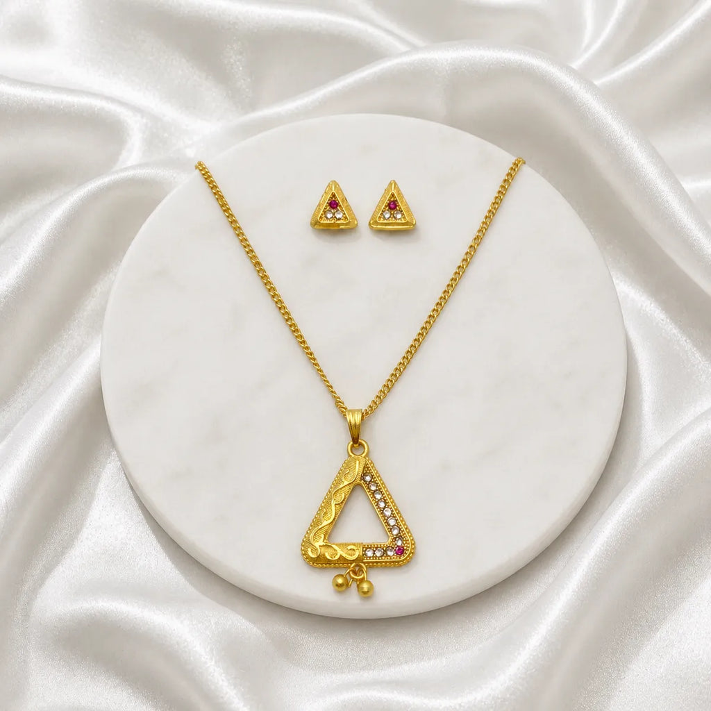 Gold Micro Plated Triangle Ad Ruby Pendant Necklace Set For Women