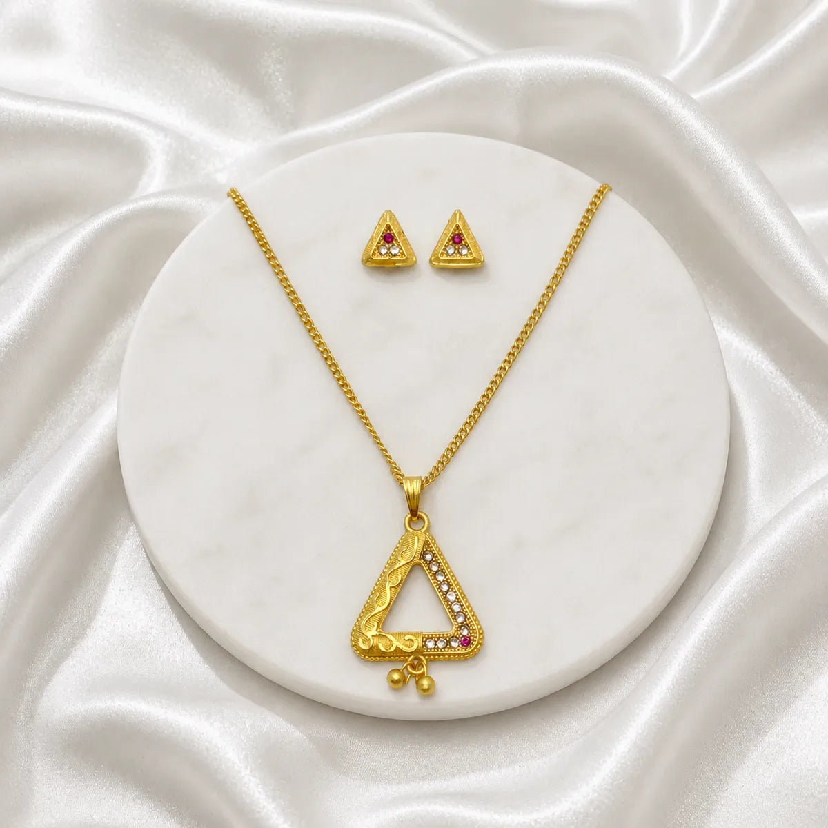 Gold Micro Plated Triangle Ad Ruby Pendant Necklace Set For Women