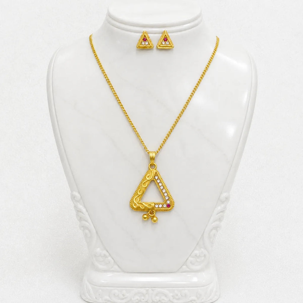 Gold Micro Plated Triangle Ad Ruby Pendant Necklace Set For Women
