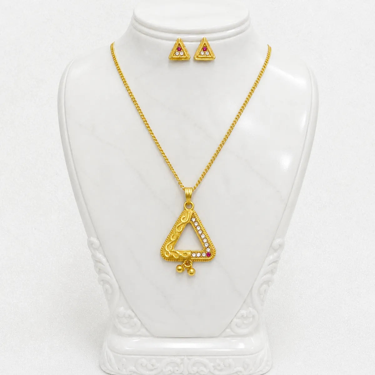 Gold Micro Plated Triangle Ad Ruby Pendant Necklace Set For Women