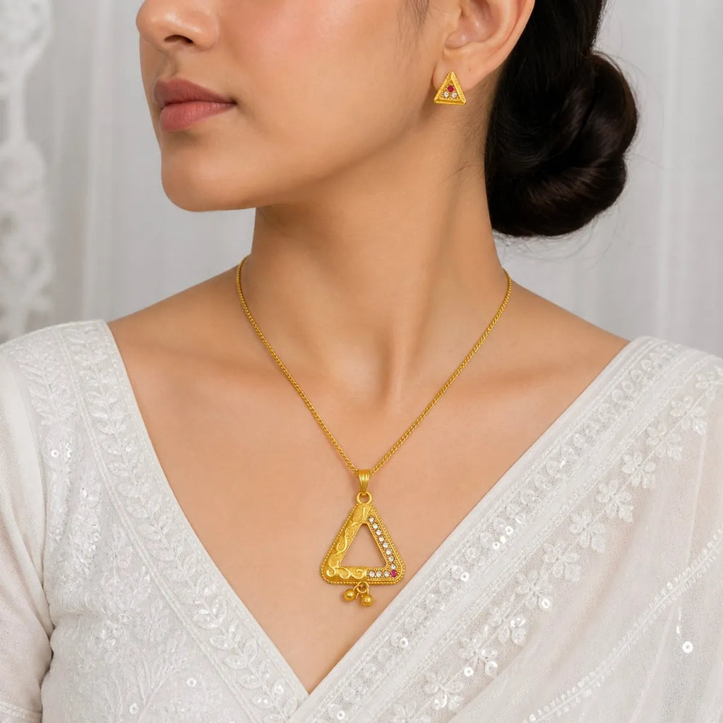 Gold Micro Plated Triangle Ad Ruby Pendant Necklace Set For Women