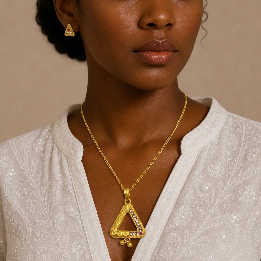 Gold Micro Plated Triangle Ad Ruby Pendant Necklace Set For Women