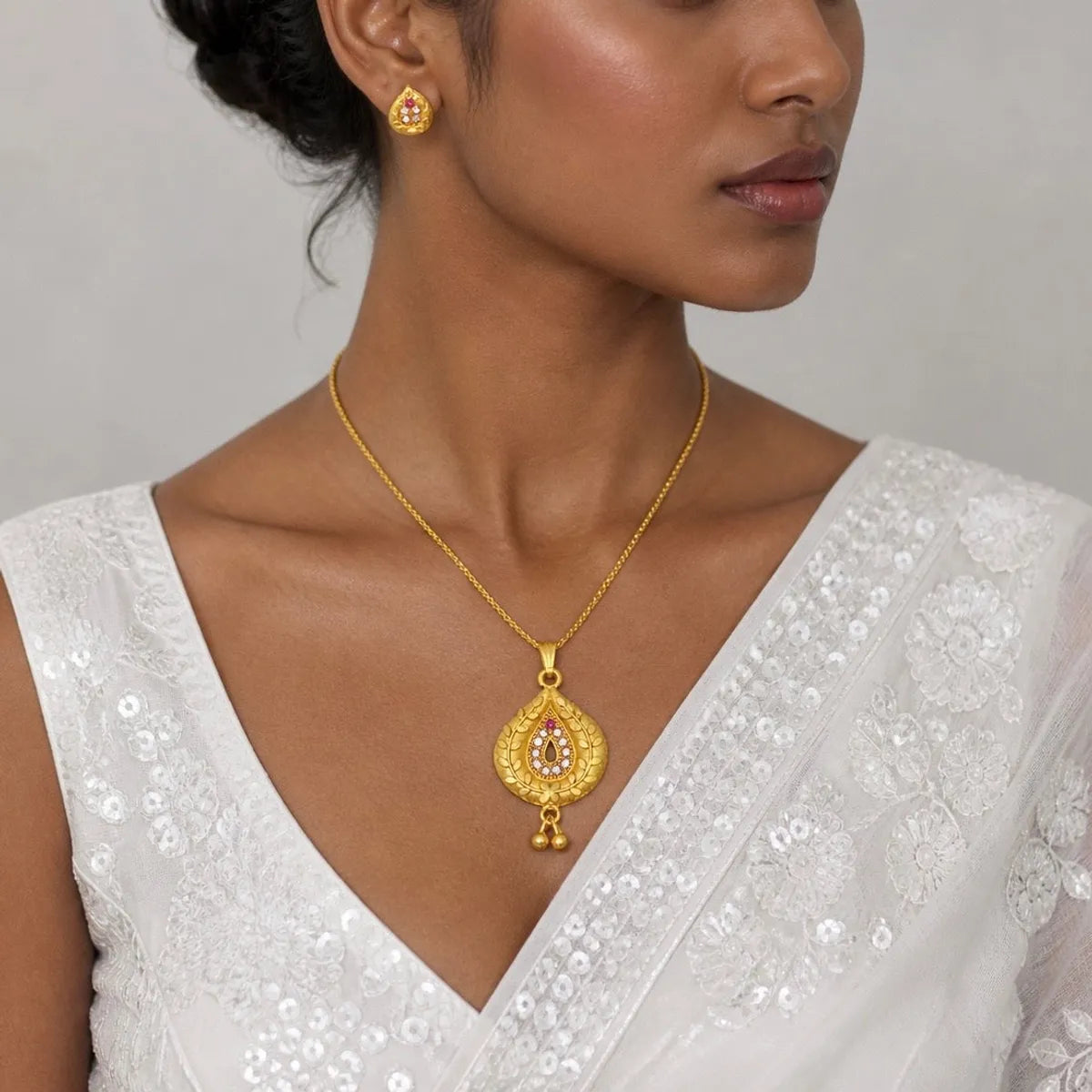 Red Gold Micro Plated Ad Ruby Teardrop Floral Necklace Set