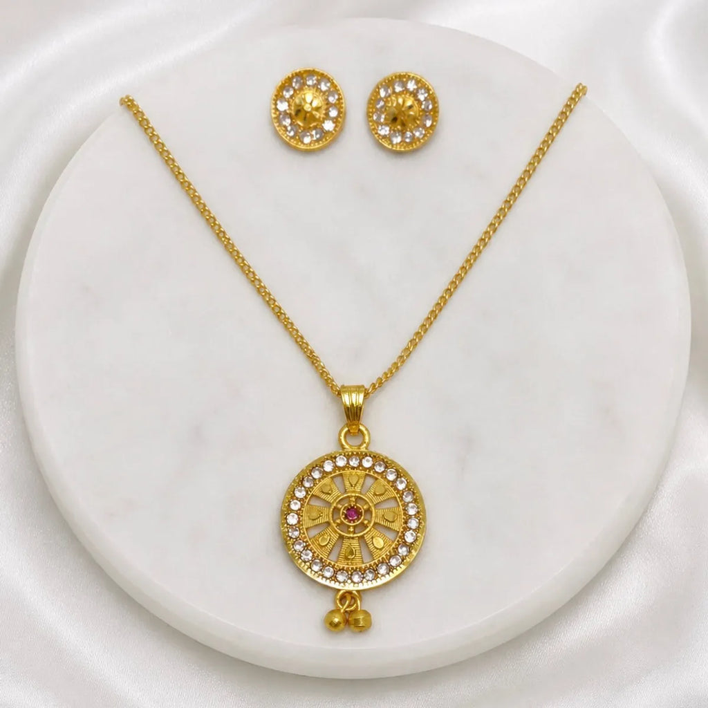 Gold Micro Plated Ad Ruby Circular Halo Necklace Earring Set