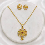 Gold Micro Plated Ad Ruby Circular Halo Necklace Earring Set