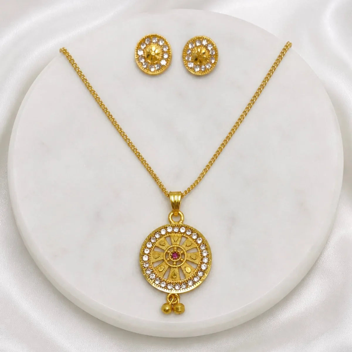Gold Micro Plated Ad Ruby Circular Halo Necklace Earring Set