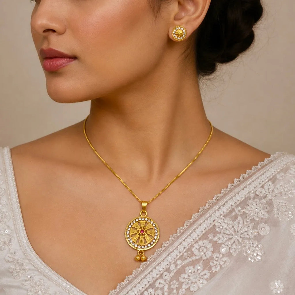 Gold Micro Plated Ad Ruby Circular Halo Necklace Earring Set