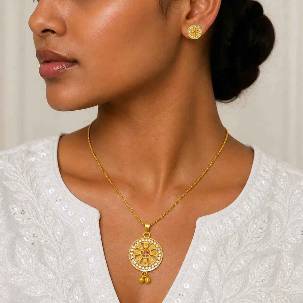 Gold Micro Plated Ad Ruby Circular Halo Necklace Earring Set