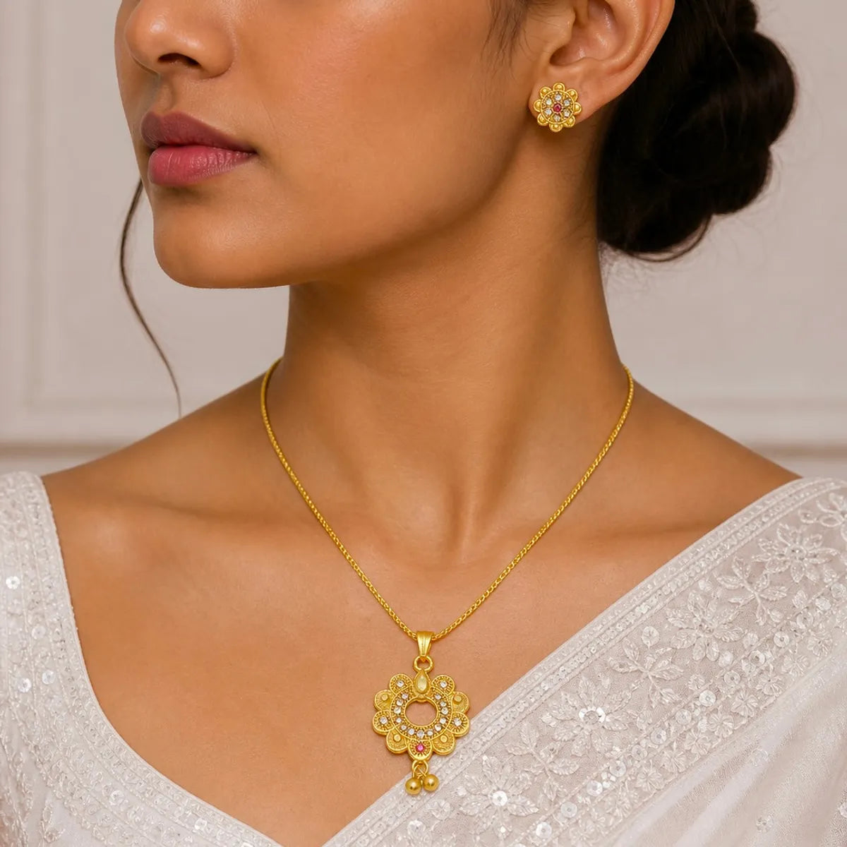 Gold Micro-Plated Ad Ruby Bloom Halo Floral Pendant Necklace Set