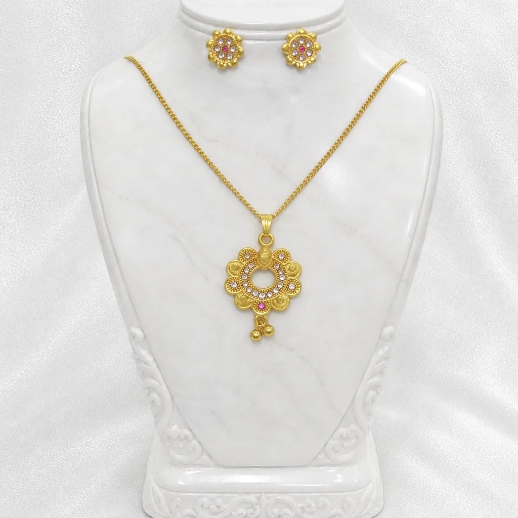Gold Micro-Plated Ad Ruby Bloom Halo Floral Pendant Necklace Set