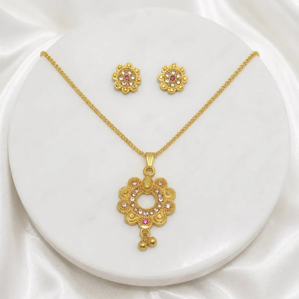 Gold Micro-Plated Ad Ruby Bloom Halo Floral Pendant Necklace Set