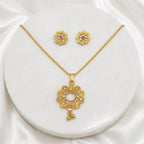 Gold Micro-Plated Ad Ruby Bloom Halo Floral Pendant Necklace Set