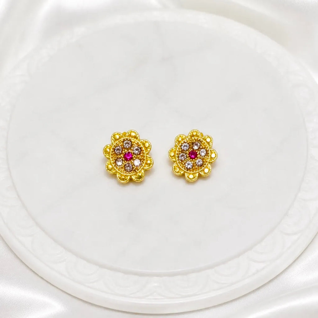 Gold Micro-Plated Ad Ruby Bloom Halo Floral Pendant Necklace Set