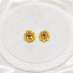 Gold Micro-Plated Ad Ruby Bloom Halo Floral Pendant Necklace Set