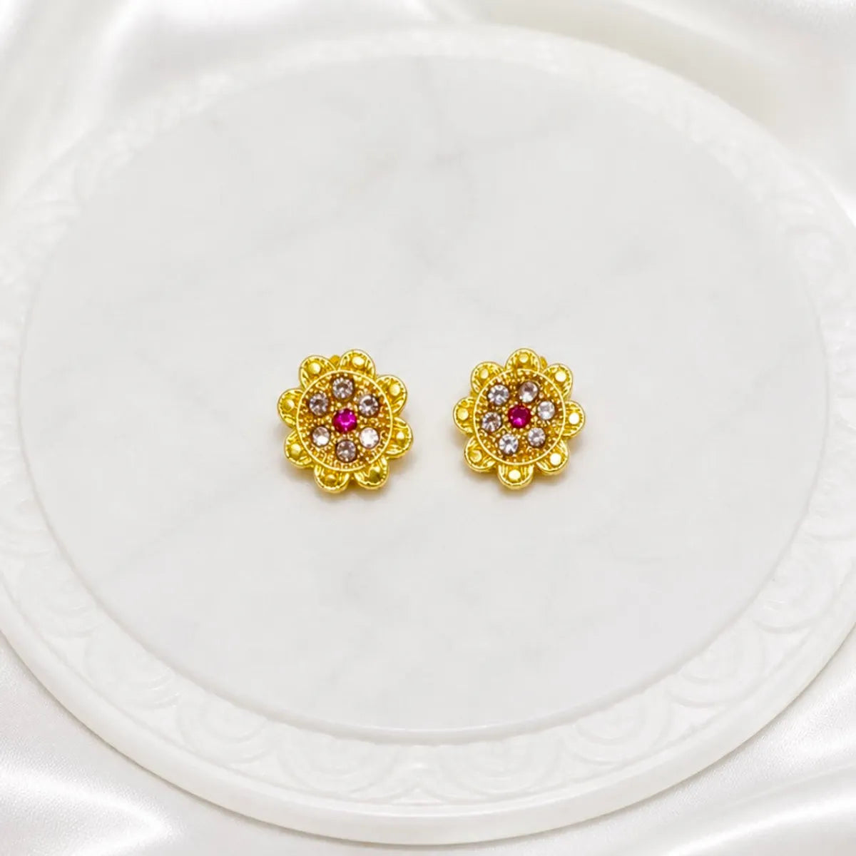 Gold Micro-Plated Ad Ruby Bloom Halo Floral Pendant Necklace Set