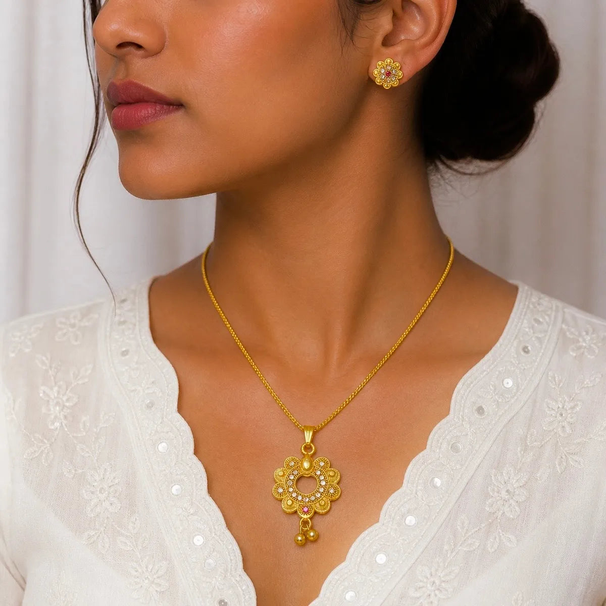 Gold Micro-Plated Ad Ruby Bloom Halo Floral Pendant Necklace Set