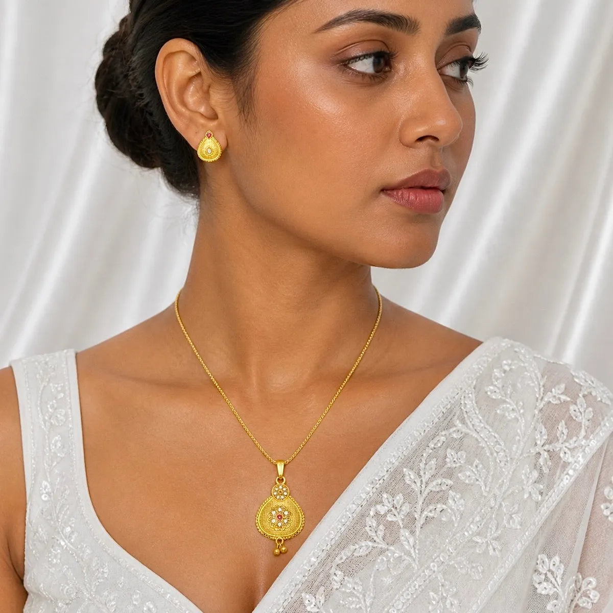 Gold Micro Plated Ad Ruby Pear Drop Pendant Necklace Set For Women