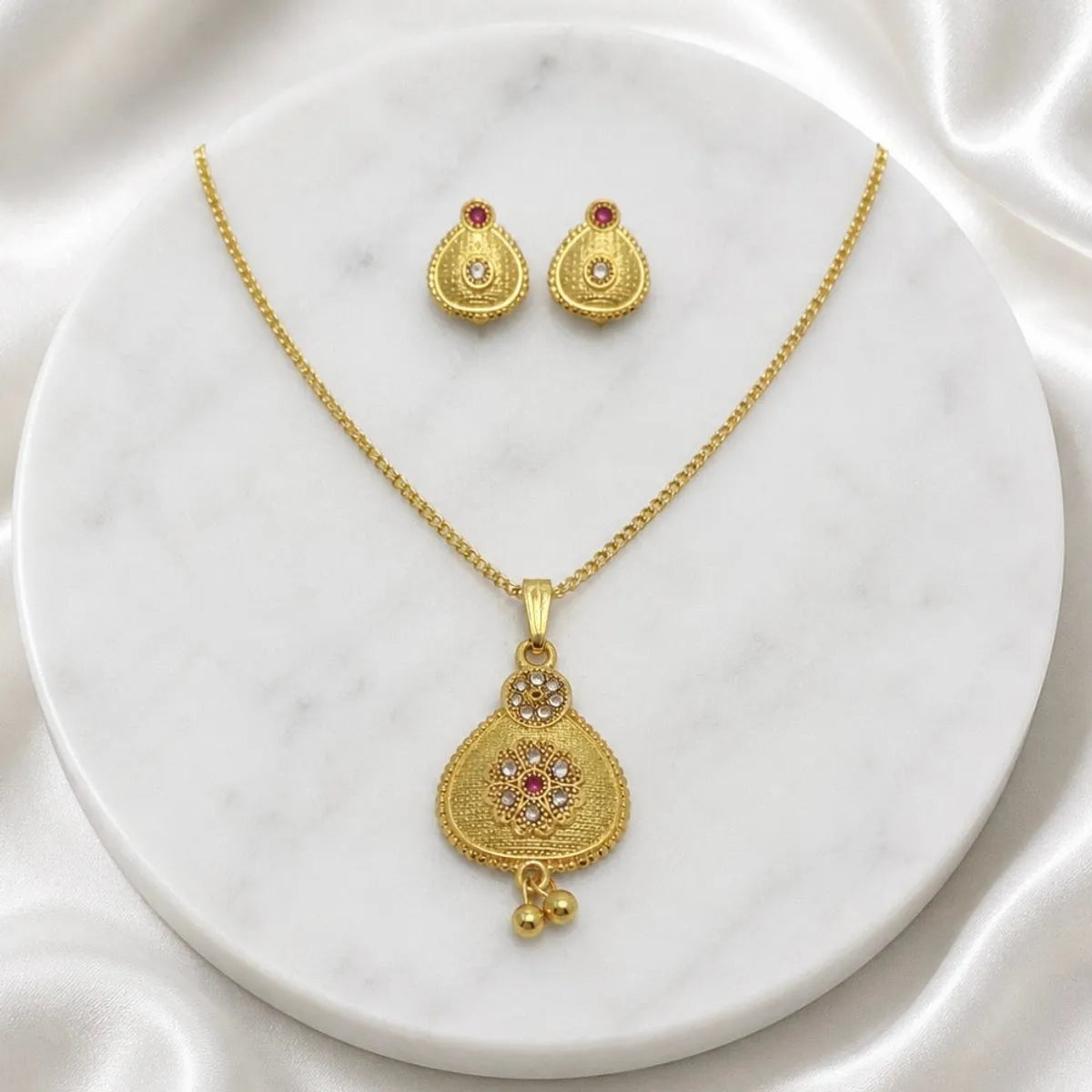 Gold Micro Plated Ad Ruby Pear Drop Pendant Necklace Set For Women