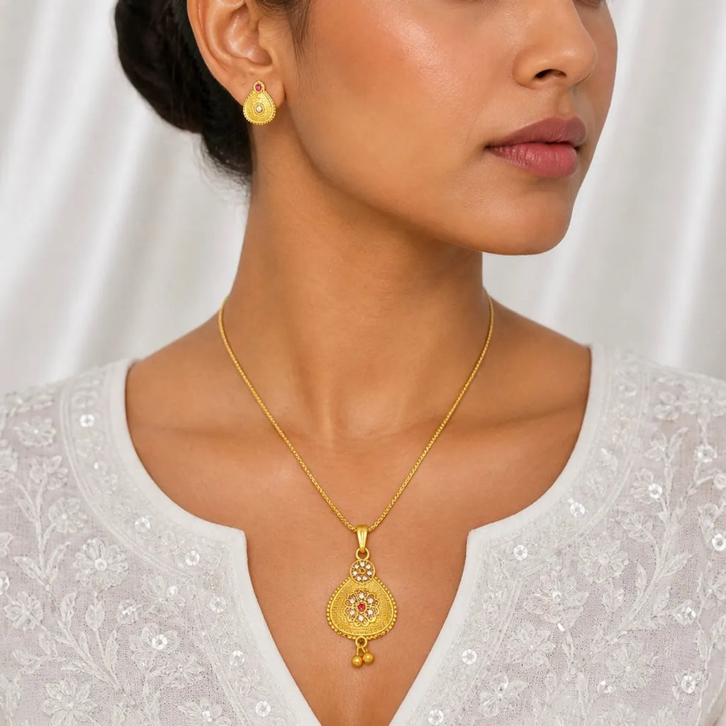 Gold Micro Plated Ad Ruby Pear Drop Pendant Necklace Set For Women