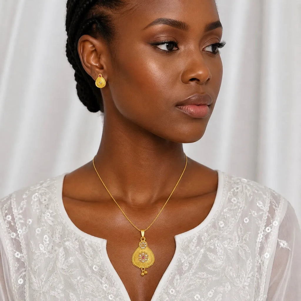Gold Micro Plated Ad Ruby Pear Drop Pendant Necklace Set For Women