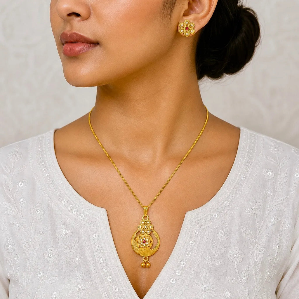 Gold Micro-Plated Copper Ad Ruby Floral Pendant Necklace Set For Women