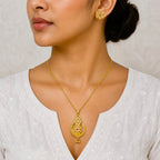Gold Micro-Plated Copper Ad Ruby Floral Pendant Necklace Set For Women