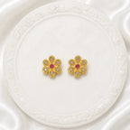 Gold Micro-Plated Copper Ad Ruby Floral Pendant Necklace Set For Women