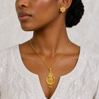Gold Micro-Plated Copper Ad Ruby Floral Pendant Necklace Set For Women