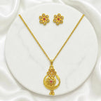 Gold Micro-Plated Copper Ad Ruby Floral Pendant Necklace Set For Women