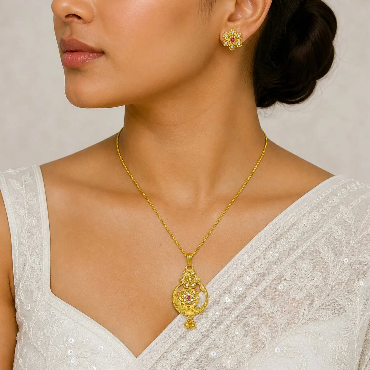 Gold Micro-Plated Copper Ad Ruby Floral Pendant Necklace Set For Women