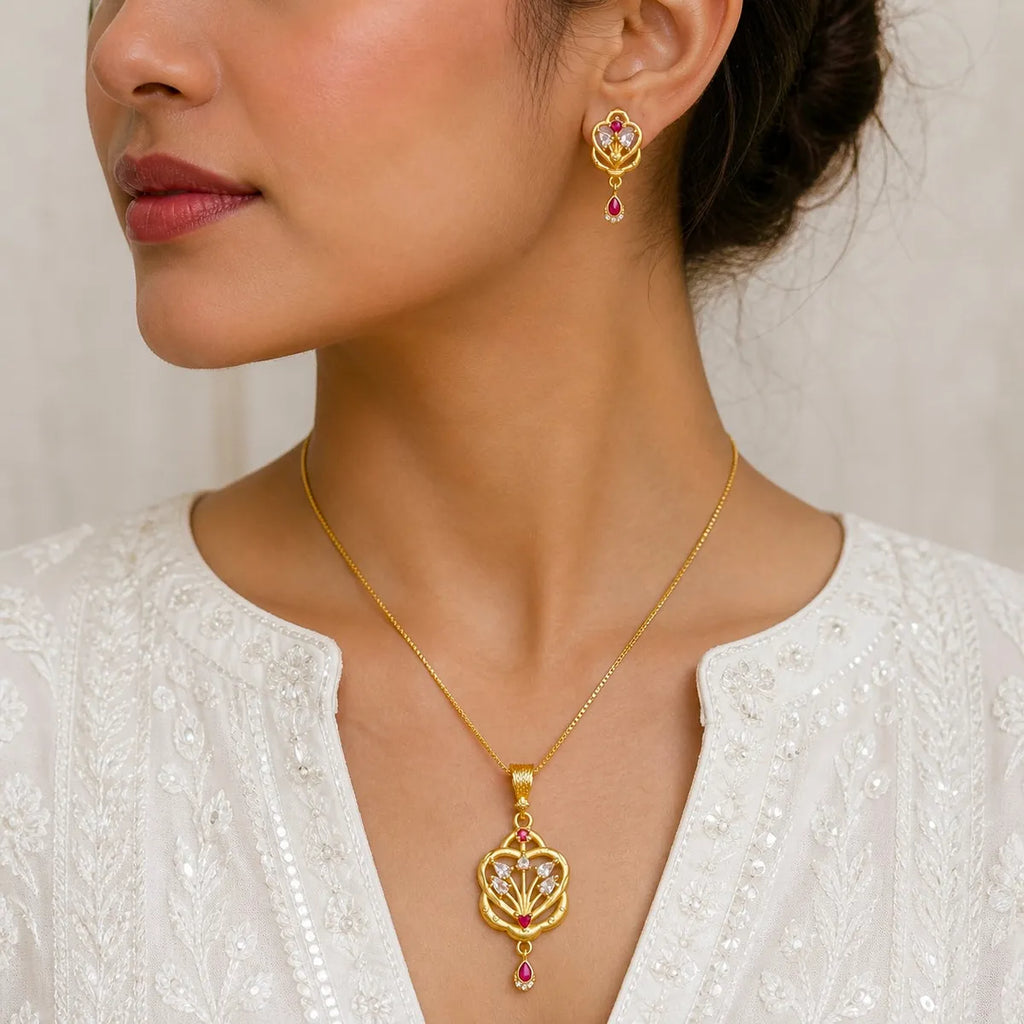 Gold Micro Plated Ad Ruby Floral Heart Pendant Necklace Set For Women