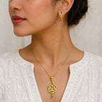 Gold Micro Plated Ad Ruby Floral Heart Pendant Necklace Set For Women