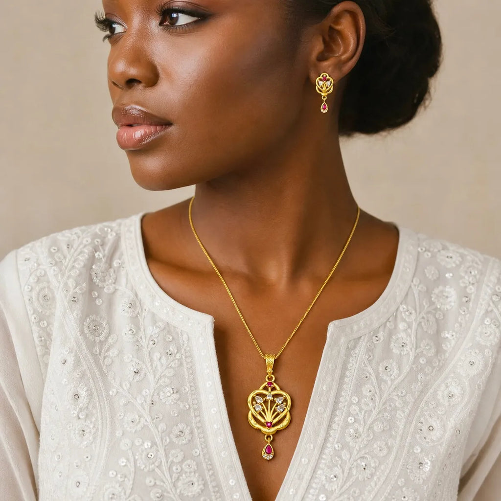 Gold Micro Plated Ad Ruby Floral Heart Pendant Necklace Set For Women