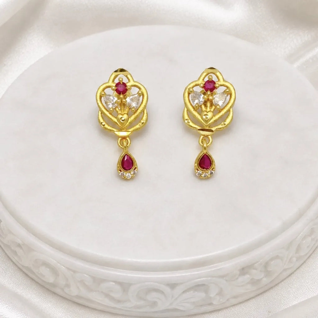 Gold Micro Plated Ad Ruby Floral Heart Pendant Necklace Set For Women