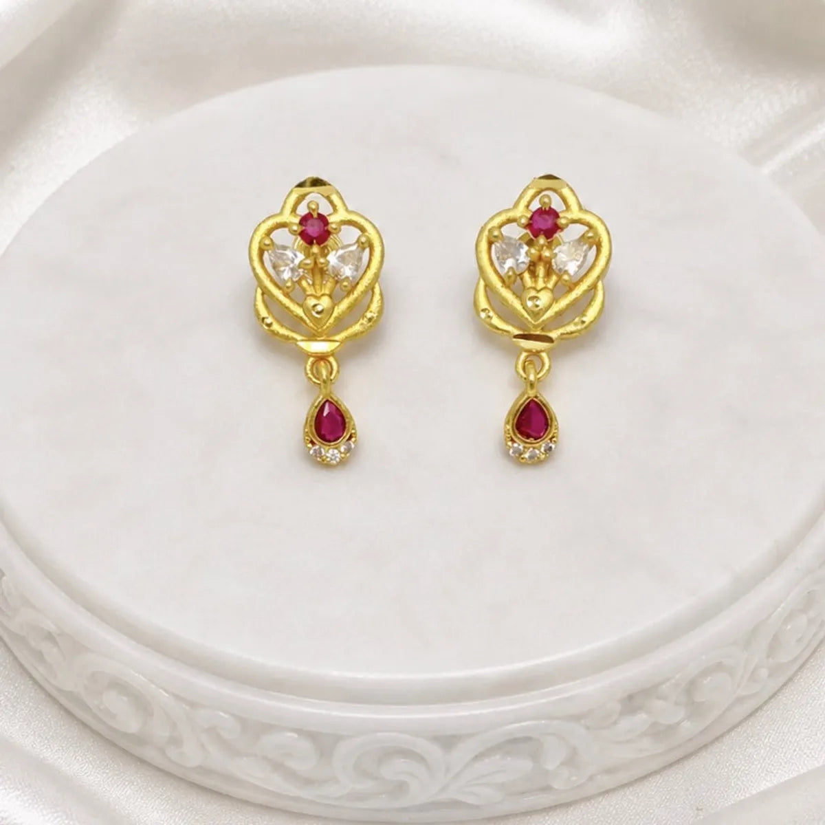 Gold Micro Plated Ad Ruby Floral Heart Pendant Necklace Set For Women