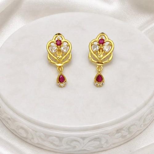 Gold Micro Plated Ad Ruby Floral Heart Pendant Necklace Set For Women