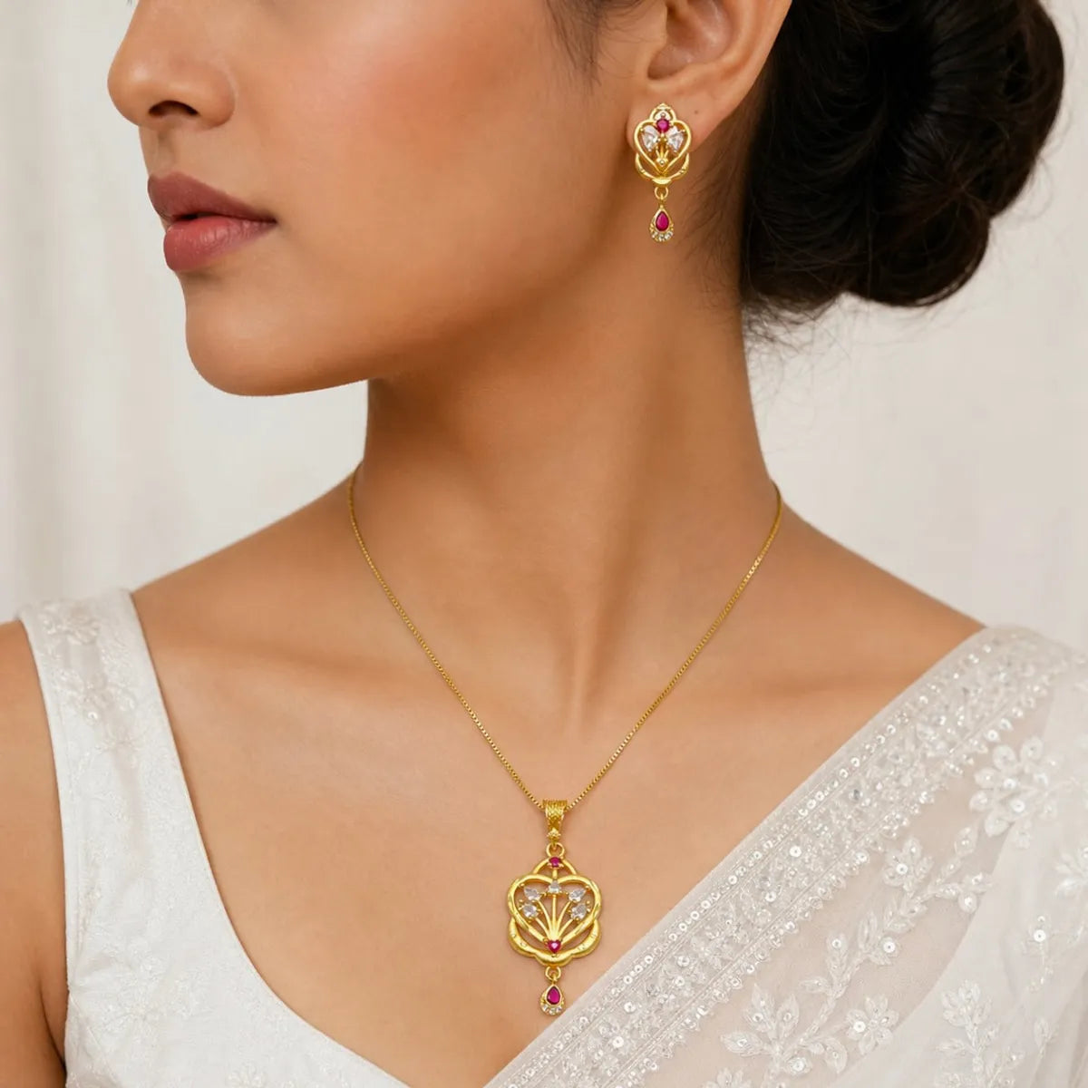 Gold Micro Plated Ad Ruby Floral Heart Pendant Necklace Set For Women